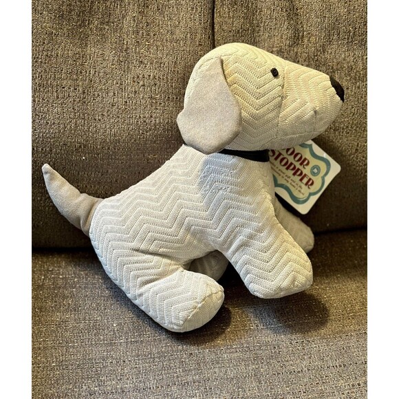 Grey Herringbone Striped Dog Stuffed Weighted Door Stop Begging New Tag Morgan - Picture 8 of 9